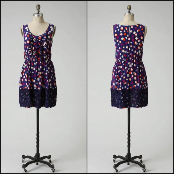 Moulinette Soeurs Silk Navy Polka Dot Ruffle Crochet Lace Dress - Picture 2 of 12